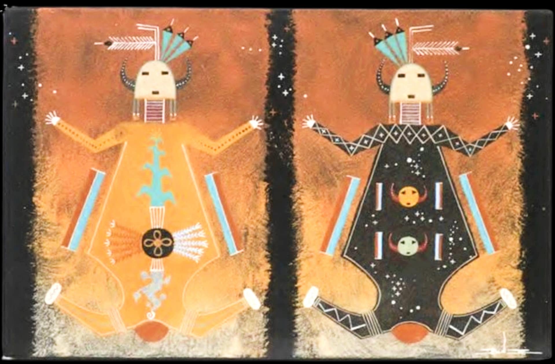 Navajo sand painting of Mother Earth (left) and Father Sky (right).